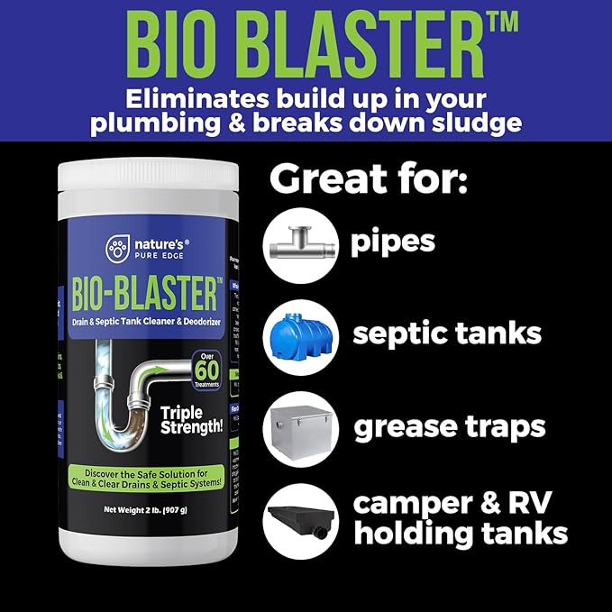 Enzyme Drain and Septic Cleaner and Friendly Bacteria Booster. Extra Large 2 lb. Deodorizes and Unclogs Pipes - Septic Tanks - RV Tanks-and More. No Caustic Chemicals! Dissolves Fats Oil and Grease.