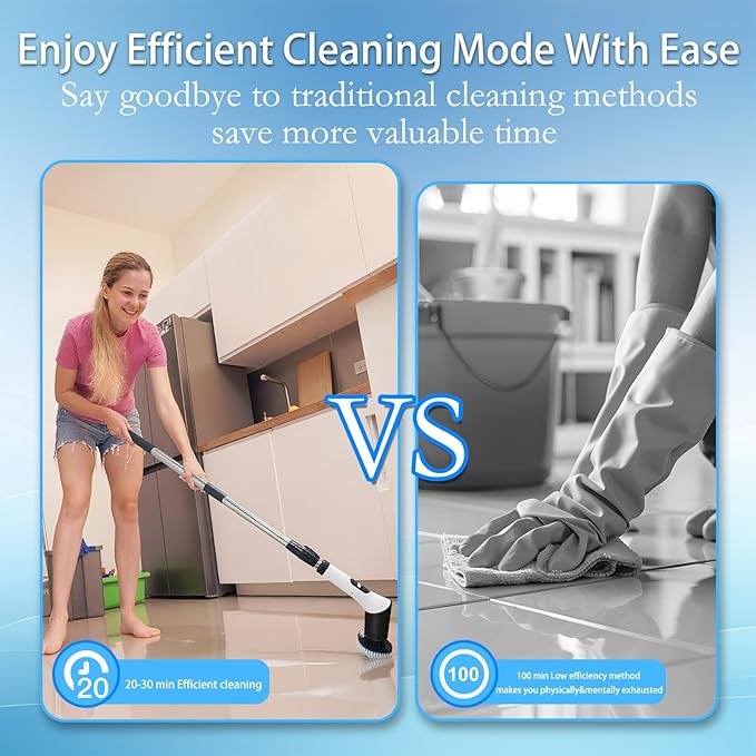 Spin Scrubber9-In-1Multifunctional Cleaning Brush with Detachable Handle9 Replaceable Brush Heads&ampLCD DisplayRechargeable Electric Spin Scrubber for BedroomBathroomKitchenCar