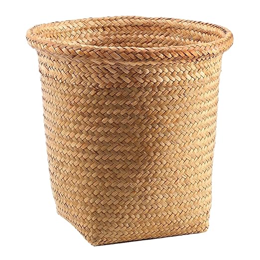 Alipis Seagrass Waste Basket Wicker Trash Can Woven Garbage Bin Laundry Hamper Rattan Plant Pot Rustic Storage Basket Rubbish Recycling Container for Kitchen Home Office