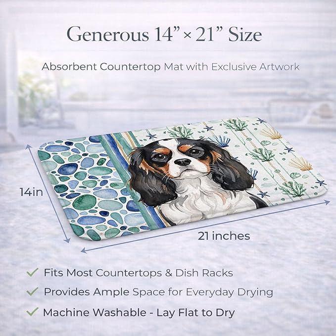 Caroline's Treasures Tricolor Cavalier Spaniel Coastal Sea Glass Dish Drying Mat Absorbent Dish Drying Mat Pad for Kitchen Counter Dish Drainer Mat for Countertop 14 x 21 Multicolor