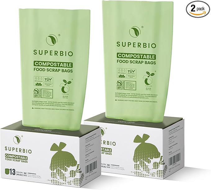 SUPERBIO 13 Gallon Flat Top Compostable Food Waste Bags 50 Count 2 Pack 49.2L 0.87 Mil ASTM D6400 BPI and OK compost INDUSTRIAL
