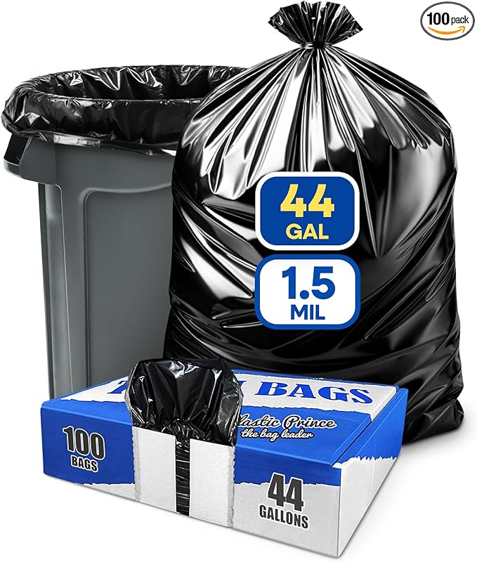 40-45 Gallon Trash Bags 1.5 Mil Heavy Duty Large Black Garbage Bags Fit Rubbermaid Brute Rollout Round 32-44 gal Trash Cans Liners Pack of 100