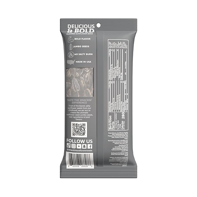 SMACKIN' Sunflower Seeds Roasted Jumbo Small-Batch American Made - Cracked Pepper. 1.5oz bags (6 Pack)