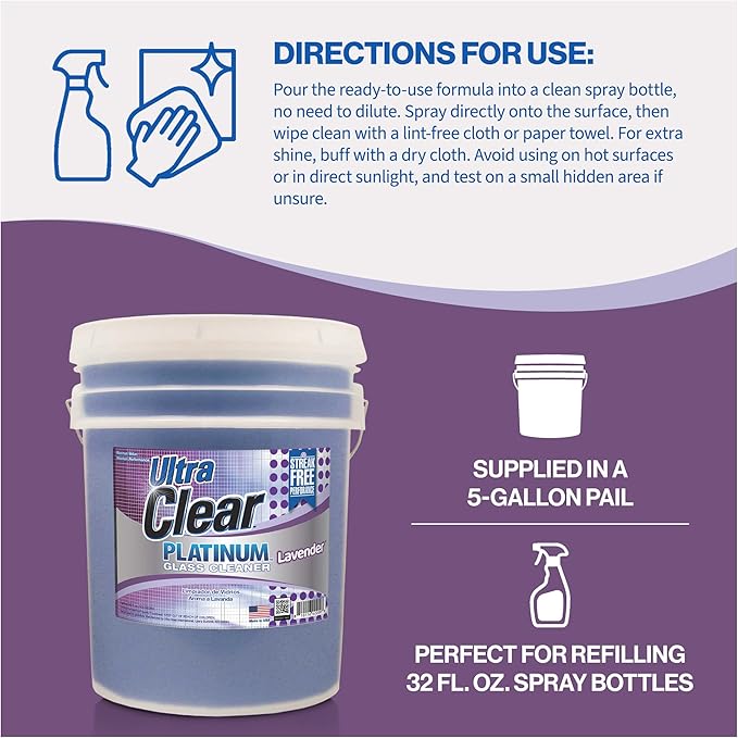 Ultra Clear Platinum Glass Cleaner Crystal Clear Streak-Free Shine Polished Finish for Commercial and Residential Use Lavender Fresh 5 Gallons