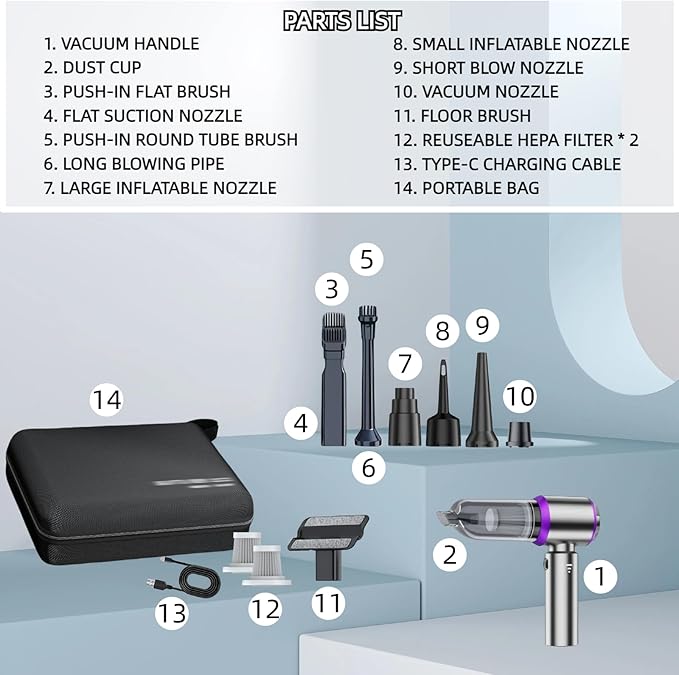 Handheld Car Vacuum Cleaner 21000PA Rechargeable High Power Cordless Mini Vacuum Cleaner and Blower 4-in-1 with 3 Gear Vacuum with Brushless Motor for Car Home Office PC