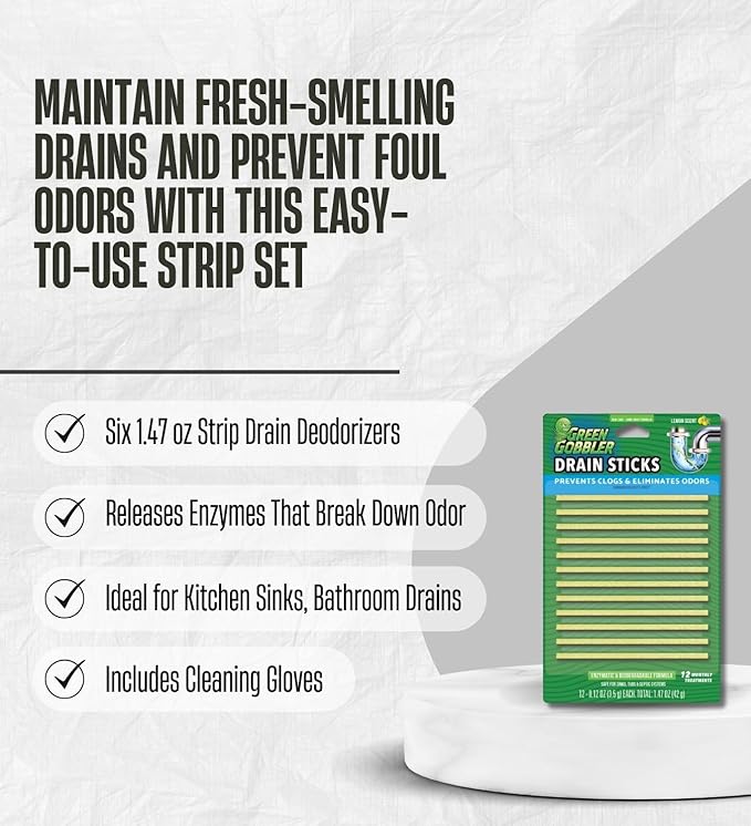 6x Green Gobbler Strip Drain Cleaner and Deodorizer 1.47 oz Bundle with Cleaning Gloves – Drain Smell Eliminator &amp Breaks Down Matter in Drains – Easy-to-Use Deodorizing Strips – Gift Set (7 Items