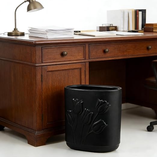 Black Ceramic Tulips Small Bathroom Trash Can 2.6 Gal (10 Liter) - Heavy &amp Decorative Garbage Bin for Bathroom Kitchen Office Bedroom &amp Living Room Corner