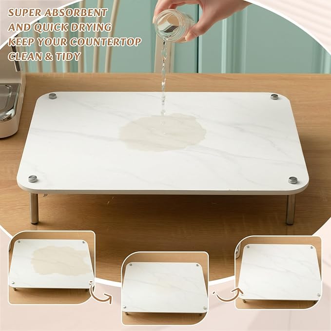 3 Pcs Nesting Stone Drying Mat for Kitchen Counter Diatomaceous Dish Stone Drying Mats Quick for Kitchen Counter Non Slip Feet Heat Resistant Nesting Stackable Design(MarbleWhite)