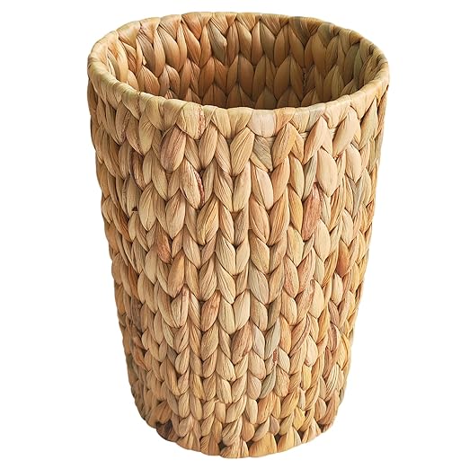 Wicker Trash CanSmall Bathroom Trash CanWater Hyacinth Wicker Waste Basket for BathroomBoho Waste Basket for BedroomHome OfficeCompact Spaces(2 Gallon Round)