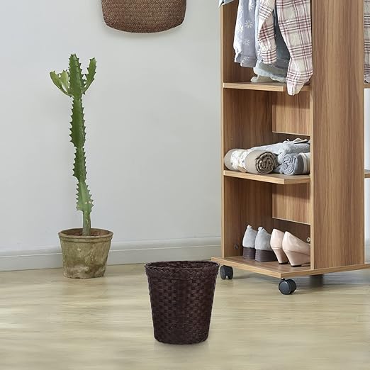 TEHAUX Wicker Laundry Basket Round Bathroom Basket Straw Trash Can Simple Storage Baskets Household Waste Paper Basket Rattan Basket for Bathrooms and Bedrooms (Coffee)