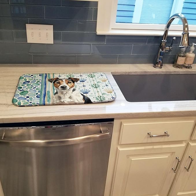 Caroline's Treasures Tricolor Russell Terrier Coastal Sea Glass Dish Drying Mat Absorbent Dish Drying Mat Pad for Kitchen Counter Dish Drainer Mat for Countertop 14 x 21 Multicolor