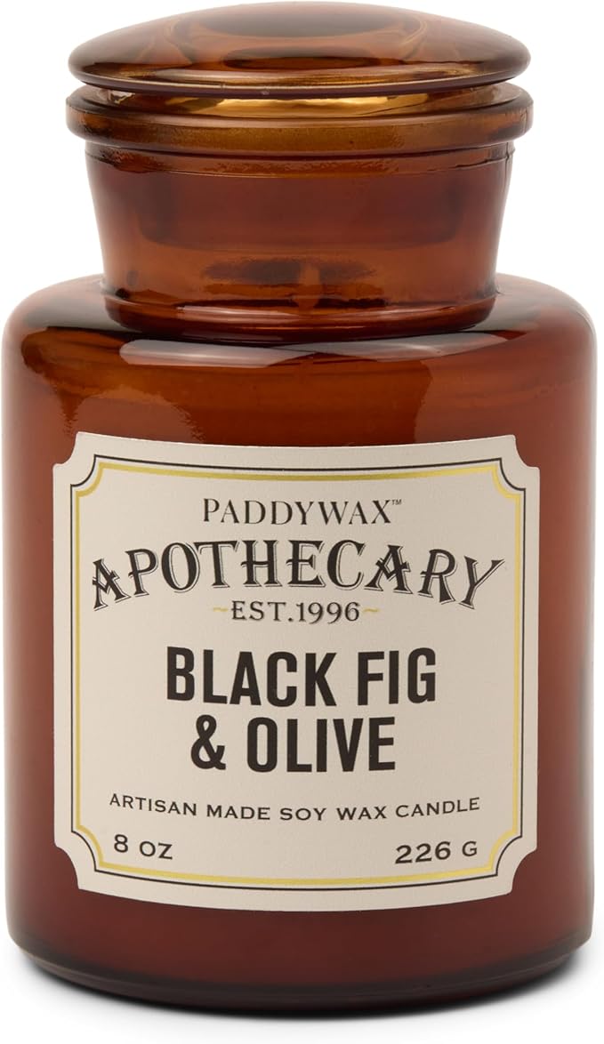 Paddywax Artisan Apothecary Scented Candle with Lid in Reusable Glass Jar Clean-Burn Soy Candle with Approx. 54 Hour Burn Time Black Fig &amp Olive 8 oz