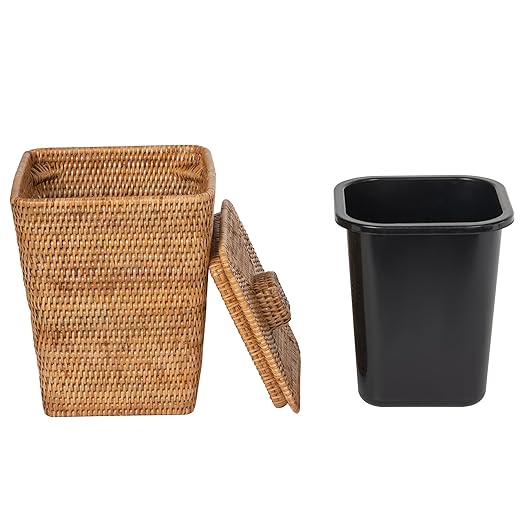 Kouboo Rattan Square Paper Waste Basket and Trash Bin with Lid and Plastic Insert 2 Gallon Capcity Honey-Brown