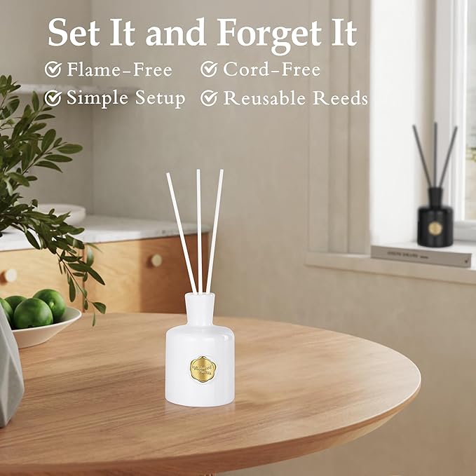 XEPTLE Reed Diffuser Set 7.04 oz Creamy Gardenia Scent Diffuser with 5 Sticks Long Lasting Air Freshener Essential Oil Reed Diffuser Home Fragrance for Office Bathroom Shelf Decor White