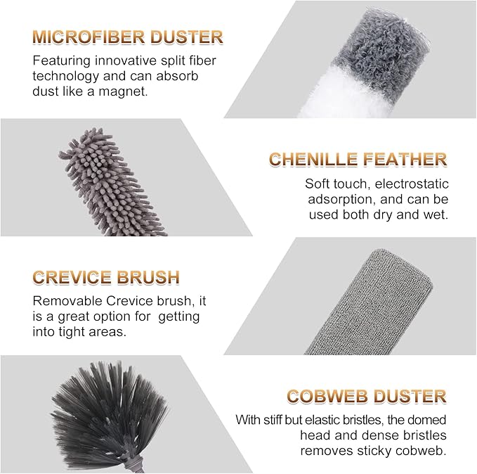 Microfiber Duster for Cleaning Fan High Ceiling Blinds Furniture Cars  9PCS Extendable Feather Duster (Stainless Steel) 30 to 100 Inches Reusable Bendable Washable
