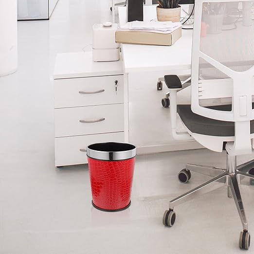 Pu Leather Trash Bin Office Trash Can Lidless Garbage Bin Toilet Paper Basket Sundries Container Recycling Bucket for Kitchen Office Bedroom 5l Red