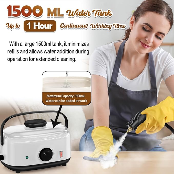 Handheld Steam Cleaner 2500W 1500ml High Pressure Steamer for Cleaning (Black-1500ML Water Tank)
