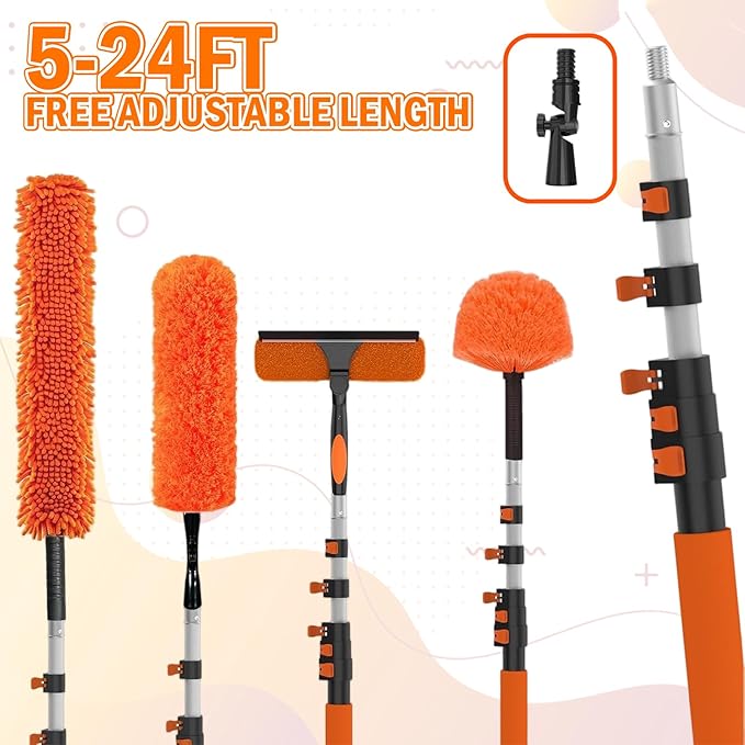 30FT High Reach Duster Cleaning Kit with Extension Pole High Ceiling Fan Cleaner Duster Tool for Fan Blades Window Washing Kit with Microfiber Feather Duster &amp Window Squeegee &amp Bucket