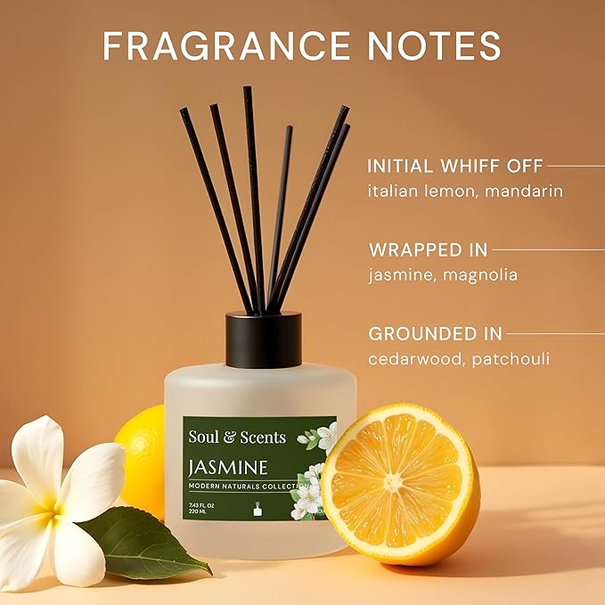 Soul &amp Scents Reed Diffuser Set – Jasmine | 7.43 oz Refillable Scented Oil with 6 Fiber Sticks | Long-Lasting Home Fragrance &amp Air Freshener for Bedroom Bathroom Office | Gift &amp Décor Pi