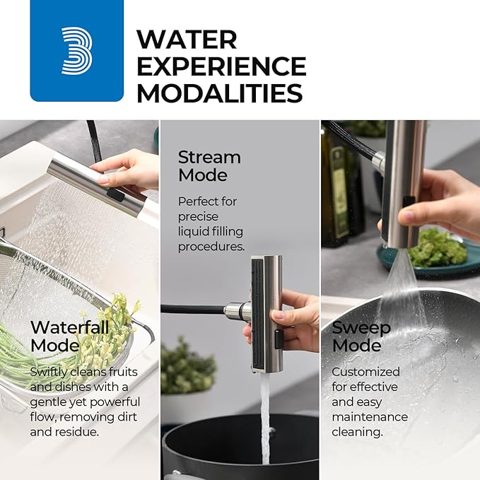 WEWE Waterfall Kitchen Faucet with Pull Down Sprayer 3 Modes(Sweep/Stream/Waterfall) Rotary Switch Mode Stainless Steel Kitchen Sink Faucet Single Lever Handle Brushed Nickel Sink Fuacet