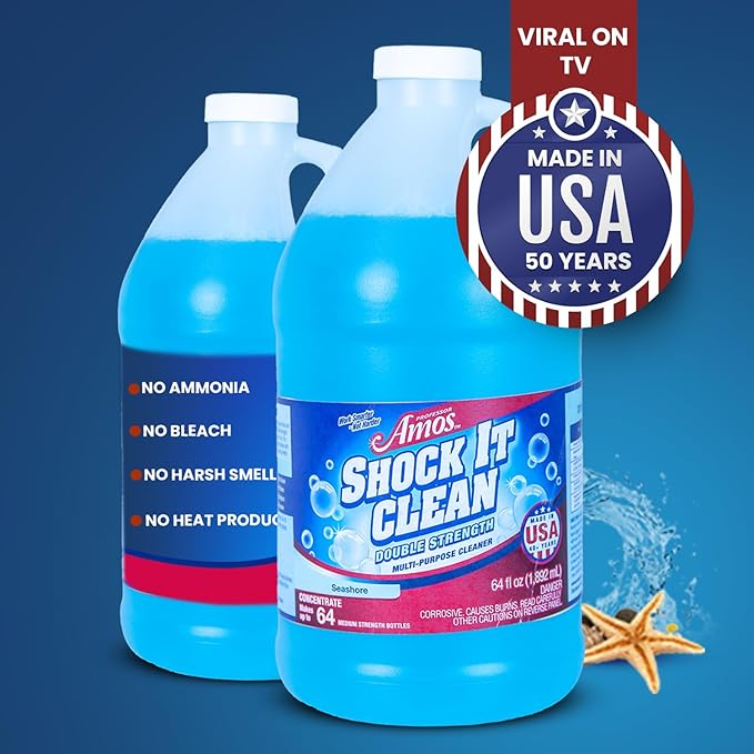 Professor Amos Shock It Clean MultiPurpose Cleaner Double Strength Concentrate All Purpose Carpet Jewelry Upholstery Leather Stain Remover &amp Floor Cleaner (Seashore 64 Oz)