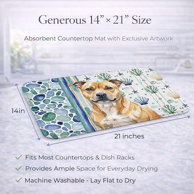 Caroline's Treasures Fawn Staffordshire Bull Terrier Coastal Sea Glass Dish Drying Mat Absorbent Dish Drying Mat Pad for Kitchen Counter Dish Drainer Mat for Countertop 14 x 21 Multicolor