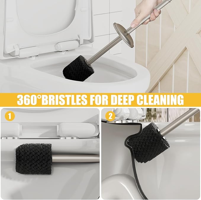 BESy Toilet Brush and Holder Toilet Cleaner Bowl Set with Two Brush with Extra Long Handle Durable Bristles Toilet Scrubber and Covered Holder Drip-Proof Stainless Steel Brushed Nickel