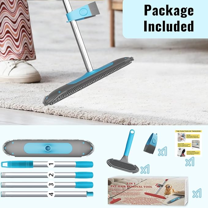 Carpet Rake for Pet Hair Removal Tool 3 in 1 Carpet Scraper with 59 Adjustable Handle Silicone Rug Rake for Dog &amp Cat Hair Pet Hair Remover for Furniture Couch Pet Bed &amp Car Interior