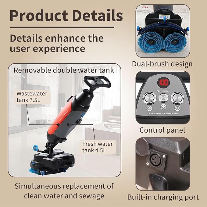 Carpet Cleaning Machine and Floor Scrubber 360 RPM Dual-Brush Rotary Floor Washer Cordless Design Mini Floor Cleaner 13000 ft²/h Efficient Cleaning for Commercial Spaces Schools Offices White