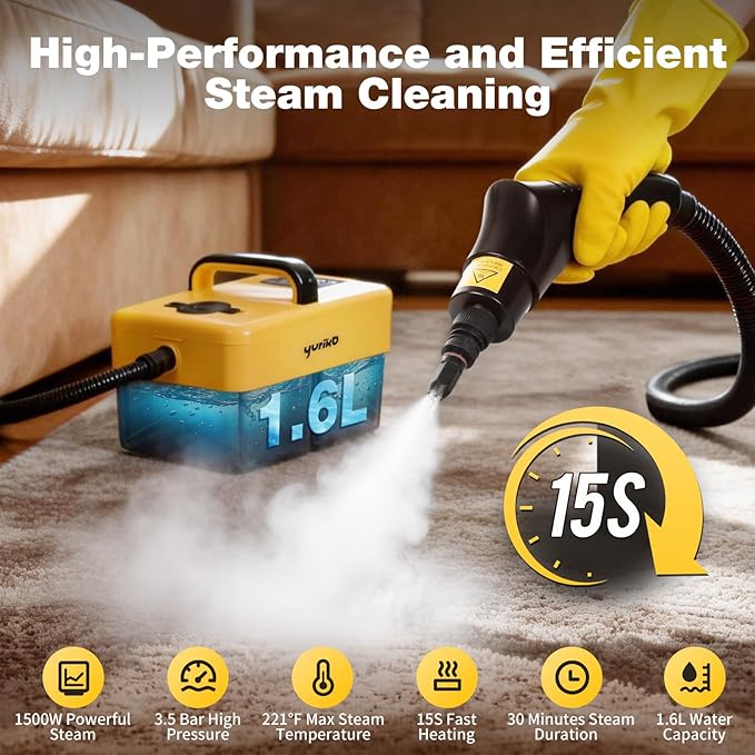 Handheld Steam Cleaner for Home 6-Level Adjustable 15s Heat-Up One Touch Flush Mode 3.5 Bar High Pressure Auto Shut-Off 1500W Portable Steamer for Carpets Floor Car Furniture Couch Tile