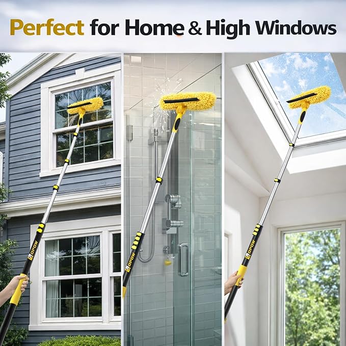 30FT High Reach Window Squeegee with Extension Pole 2 in 1 Window Washing Kit with 6-Stage Telescopic Pole &amp Rotatable Head No-Ladder Window Cleaner for High Window Solar Panel RV &amp Outdoo