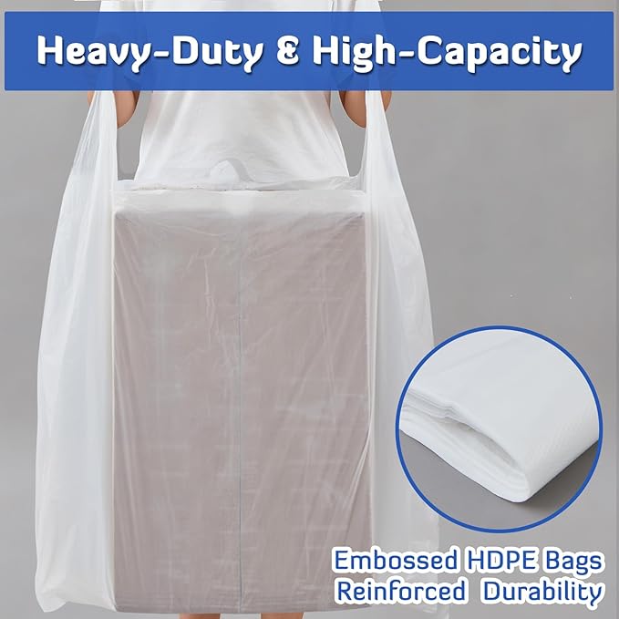 100 Pack 48 x 36 x 10 Extra Large White Plastic T-shirt Shopping Bags(0.8 Mil Thick) with Handle for Restaurant Retail Grocery Business