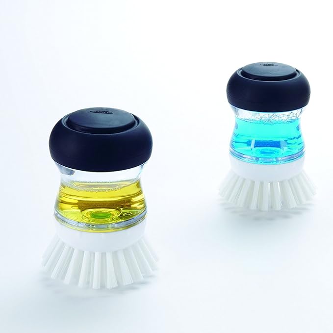 OXO Good Grips 2 Pack Palm Brush Storage Set with Soap Dispensing Nylon Bristles Black Holder