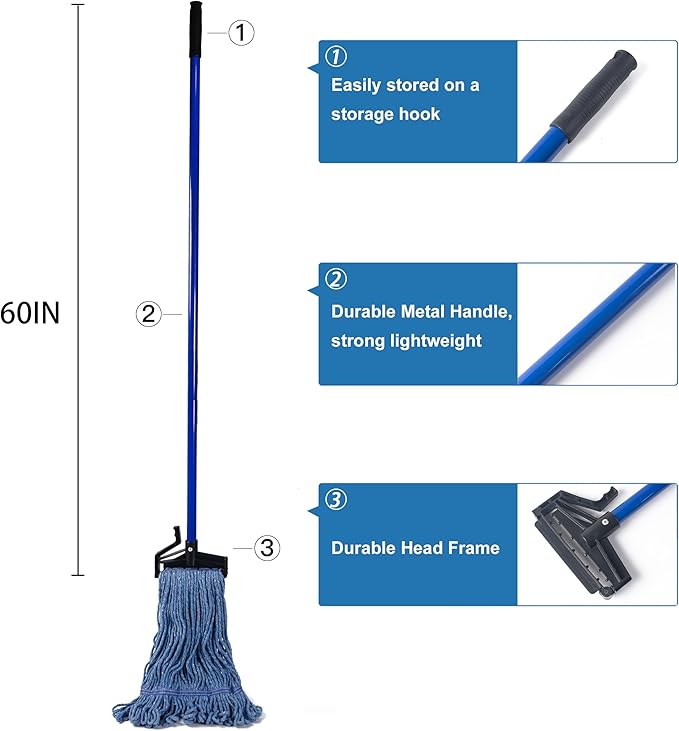 Matthew Easy Trigger Release Mop Handle 60 inch Metal Mop StickCommercial Mop Head Replacement Holder for Floor CleaningClip On Mop Handle Quick Change - 6Pack Blue