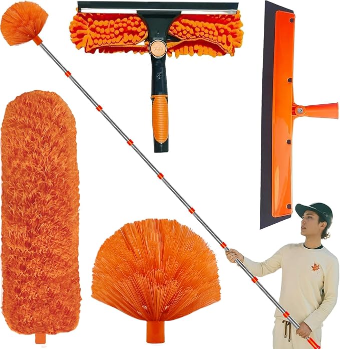 20+ Feet High Reach Duster Kit with 3-14 ft Extension Pole High Ceiling Dusting and Window Cleaning Kit with Spliceable Pole - Window Washer &amp Squeegee Cobweb Duster Fan Blade and Feather Duster