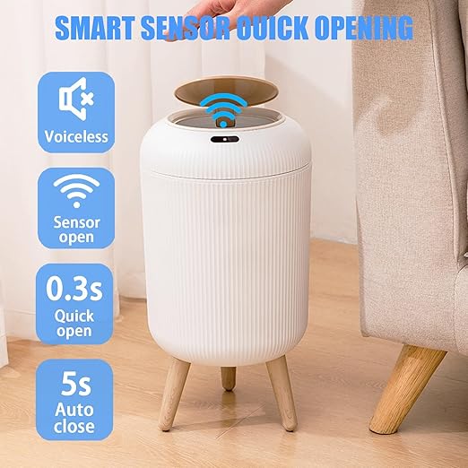 URALFA Motion Sensor Trash Can with Lid 3 Gallon / 11 L Automatic Bathroom Trash Can Touchless Trash Bin Smart Plastic Garbage Can with Removable Legs for Bathroom Bedroom Kitchen Office White