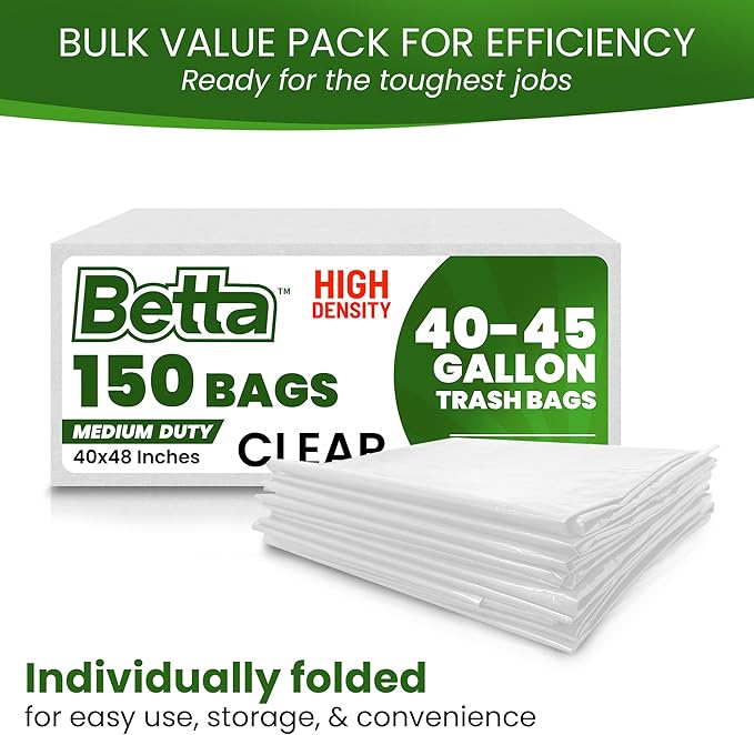 Betta 40-45 Gallon Clear High-Density Trash Bags 150 Count Box (40x48-inch) Commercial Medium-Duty Garbage Can Liners