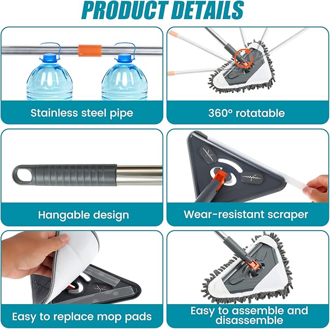 85 in Wall Cleaner Mop 360 Rotating Ceiling Dust Cleaner 6 Replaceable Pads Reusable Baseboard Cleaning Tool Dry &amp Wet Use for Window Wall Floor Ceiling
