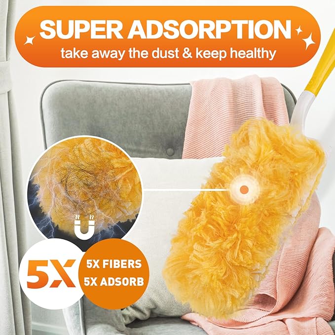 Heavy Duty Duster Refills Disposable Dusters Kit for Cleaning Dusting Furniture Blind Ceiling Fan Multi Surface 360 Feather Duster(60)+3FT Extended Handle +1 Handle