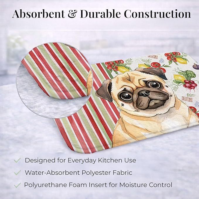 Caroline's Treasures Fawn Pug Vegetables Dish Drying Mat Absorbent Dish Drying Mat Pad for Kitchen Counter Dish Drainer Mat for Countertop 14 x 21 Multicolor