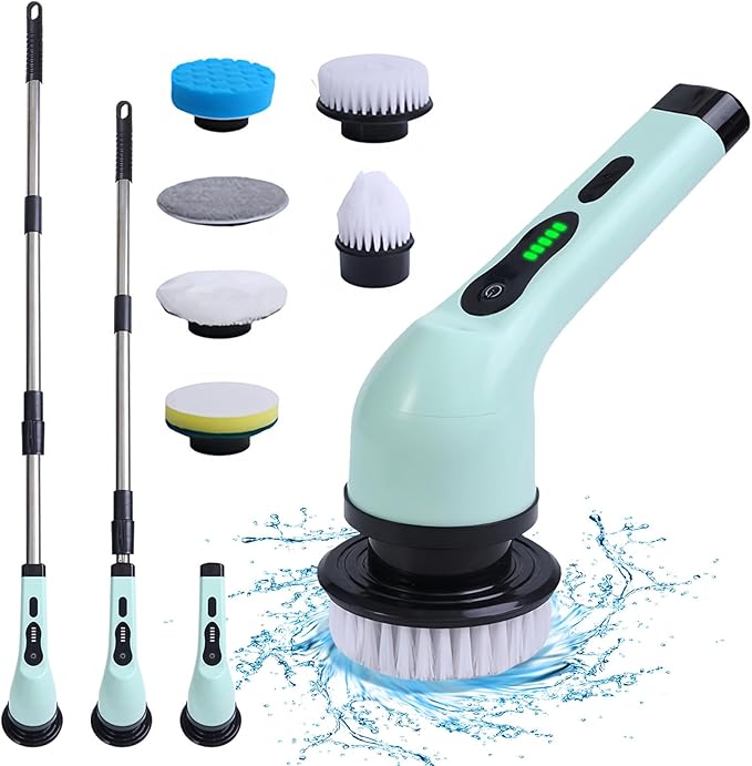 Cordless Electric Spin Scrubber 9 Replacement Cleaning Heads IPX6 Dual Cleaning Brush with Extension Arm for Bathroom Bathtub Grout Tile Floor (6