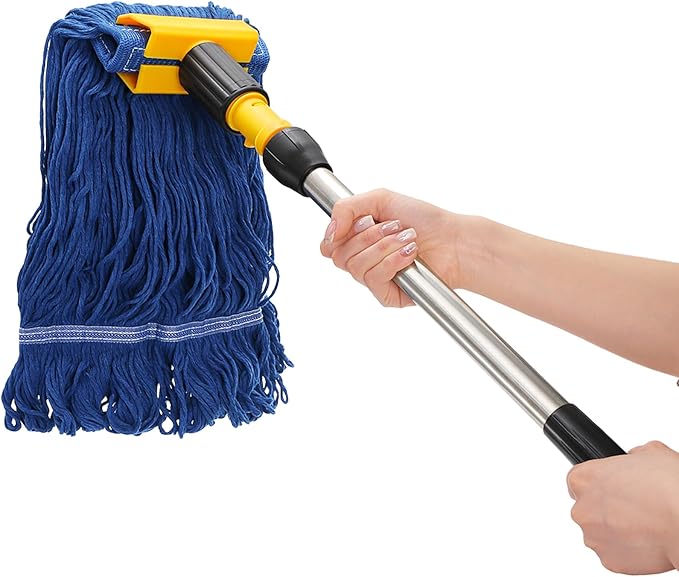 Commercial Mop Heavy Duty Looped End String Wet Mop with 64'' Long Handle Industrial Cotton Dust Mop with Extra Replacement Heads for Home Office Garage Warehouse Floor Cleaning