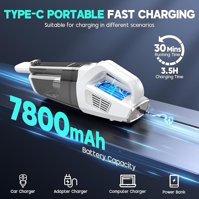 Handheld Vacuum Cordless 15000PA Strong Suction Hand Held Car Vacuum Cleaner Portable with Multi-Nozzles &amp Washable Filter Lightweight Dust Busters Rechargeable for Home Car Office Pets