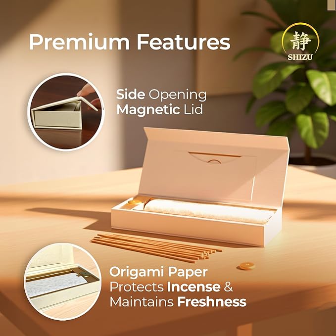 Shizu Sandalwood Incense Sticks – Artisanal Temple Grade Japanese Incense with Brass Holder – Calming Scent for Relaxation Meditation &amp Home Spa Elegant Gift Set (60 Sticks)