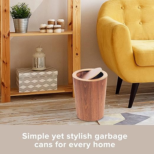 Modern Round Trash Can with Lid - Wood Grain Waste Basket in Walnut - 9.25x7.5x11.8 Swing Top Small Trash Can - Decorative Small Garbage Can for Bedroom Living Room Office &amp Bathroom