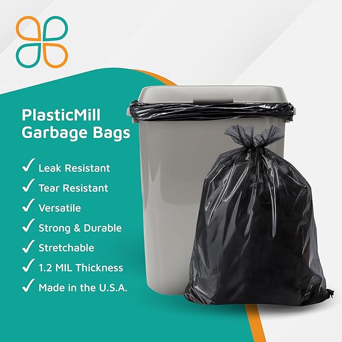 PlasticMill Heavy Duty Trash Bags - Black Garbage Bags - Plastic Trash Bags - Kitchen Bathroom Office Garbage Bags Trash Can Liners - 12-16 Gallon 1.2 Mil 24x31 (250-Count)