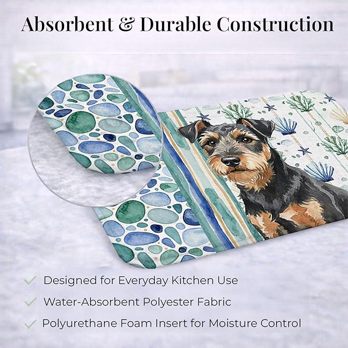Caroline's Treasures Black and Tan Lakeland Terrier Coastal Sea Glass Dish Drying Mat Absorbent Dish Drying Mat Pad for Kitchen Counter Dish Drainer Mat for Countertop 14 x 21 Multicolor