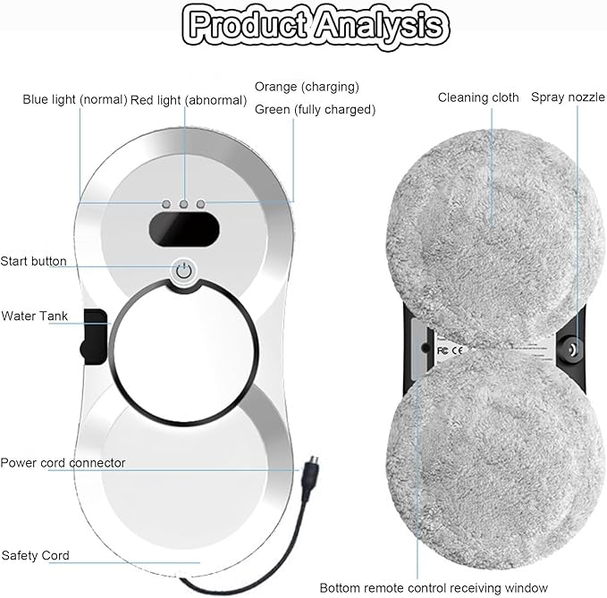 Window Cleaning Robot Automatic Water Spray Double Suction Cup Suction Ups Power Protection Wireless Remote Control Command Suitable for Indoor and Outdoor Window GlassWhite