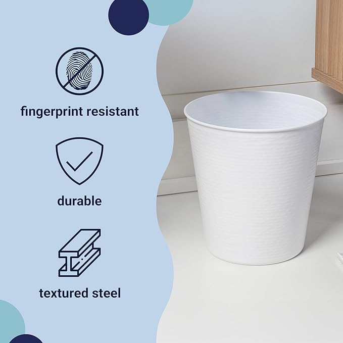 happimess HPM1112D Remi Modern Classic Textured Steel 2-Gallon Wastebasket for Home Bathroom Living Room Office Bedroom Kitchen Matte White