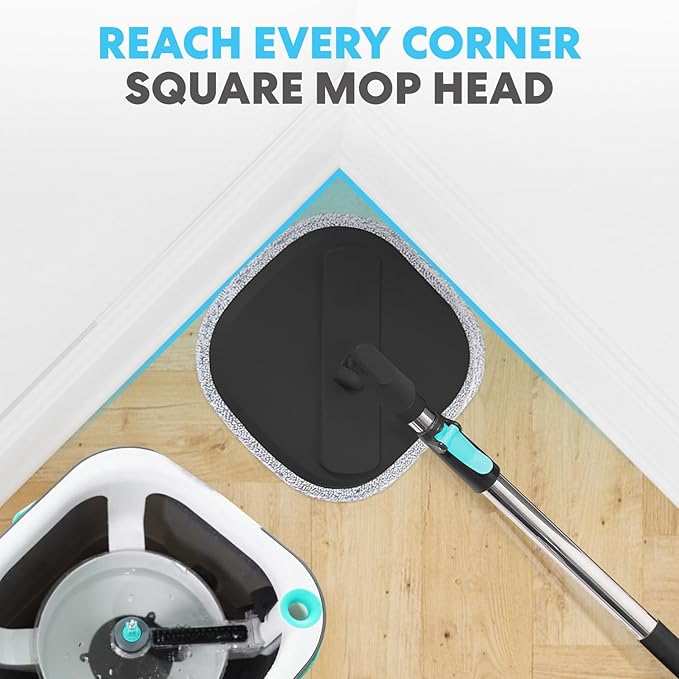 Simpli-Magic 360° Square Spin Mop and Bucket System – Dual Compartment Separate Clean &amp Dirty Water – 3 High-Absorbent Microfiber Washable Heads – All Types Floor Cleaning